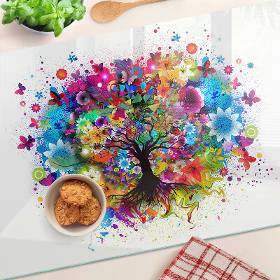 Schneidebrett Glas mit farbenfrohem Baum-des-Lebens-Motiv