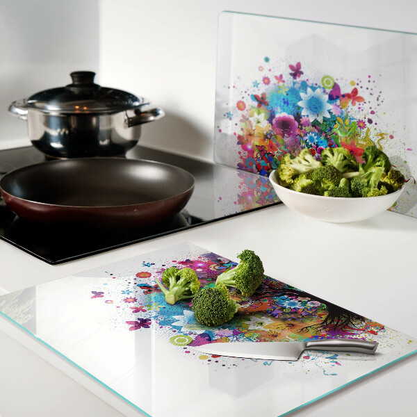 Schneidebrett Glas mit farbenfrohem Baum-des-Lebens-Motiv