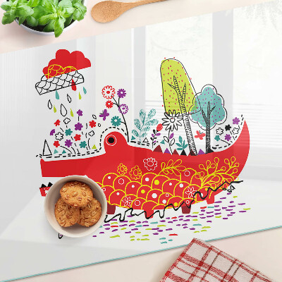 Glas schneidebrett Krokodil in einer farbenfrohen Umgebung