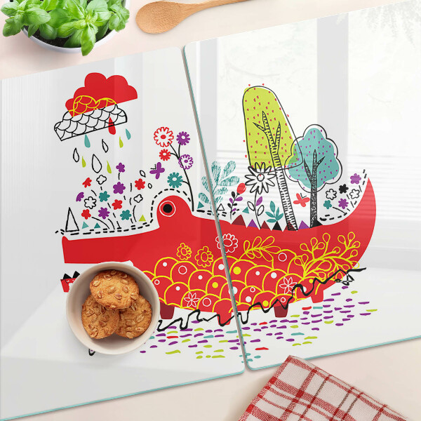 Glas Schneidebrett mit Motiv eines Krokodils in einer farbenfrohen Umgebung