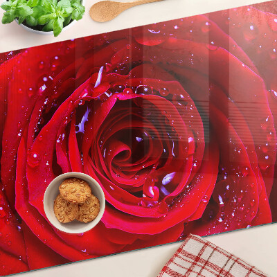 Schneidebrett mit Motiv rote Rose und Wassertropfen