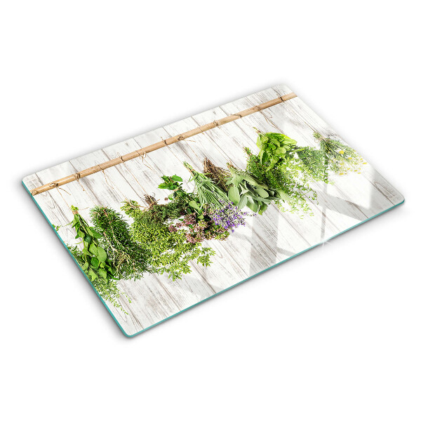 Glas Schneidebrett mit Kräutermotiv auf Holzoptik