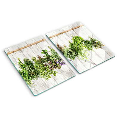 Glas Schneidebrett mit Kräutermotiv auf Holzoptik