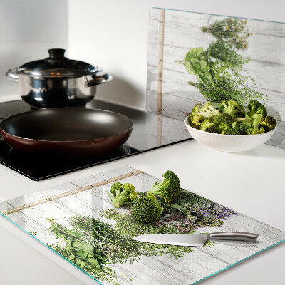 Glas Schneidebrett mit Kräutermotiv auf Holzoptik