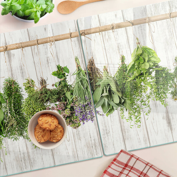 Glas Schneidebrett mit Kräutermotiv auf Holzoptik