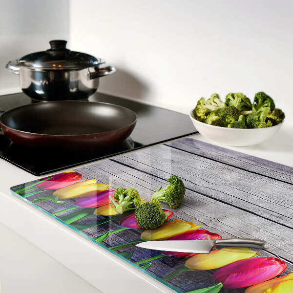 Schneidebrett Glas mit Tulpenmotiv auf Holzgrund