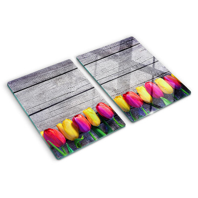 Schneidebrett Glas mit Tulpenmotiv auf Holzgrund