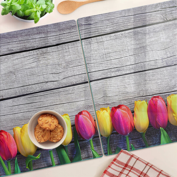 Schneidebrett Glas mit Tulpenmotiv auf Holzgrund