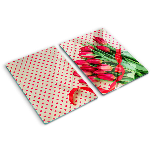 Schneidebrett mit Tulpen, Herzen und Schleifen als Motiv