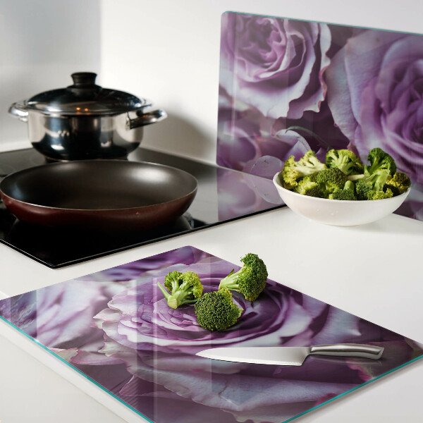 Schneidebrett Glas mit Rosenmuster in Lilatönen