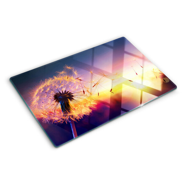 Schneidebrett Glas mit Motiv Löwenzahn vor einem Sonnenuntergang