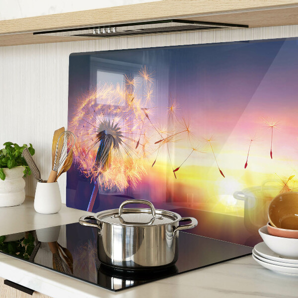 Schneidebrett Glas mit Motiv Löwenzahn vor einem Sonnenuntergang