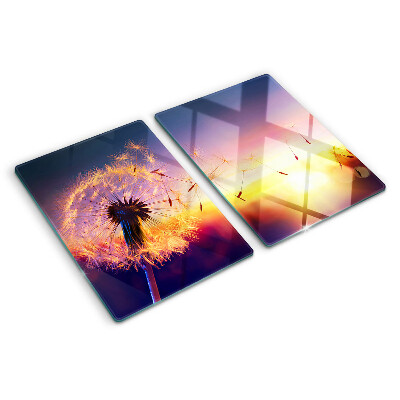 Schneidebrett Glas mit Motiv Löwenzahn vor einem Sonnenuntergang
