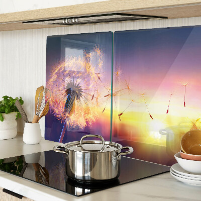 Schneidebrett Glas mit Motiv Löwenzahn vor einem Sonnenuntergang