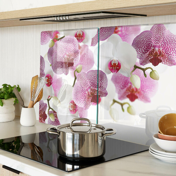 Glas-Schneidebrett mit Orchideen vor einem Fenster als Motiv