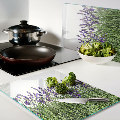 Schneidebrett Glas mit Motiv eines Lavendelfeldes in der Sonne