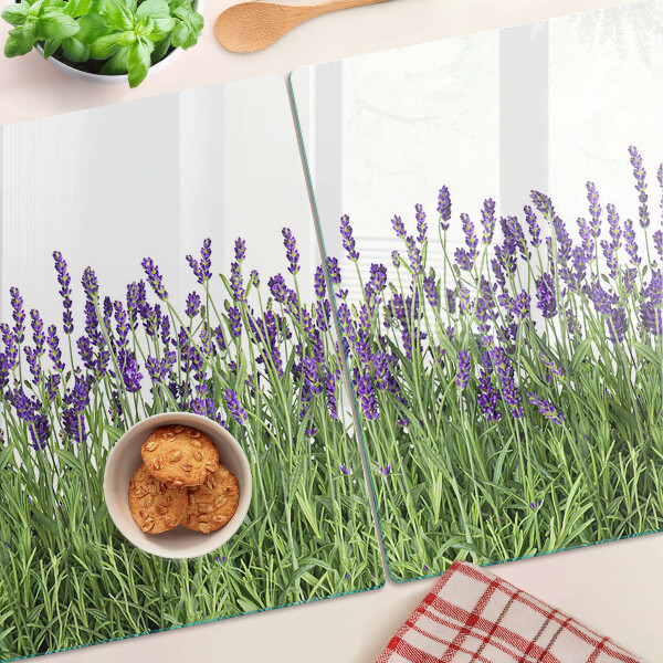 Schneidebrett Glas mit Motiv eines Lavendelfeldes in der Sonne