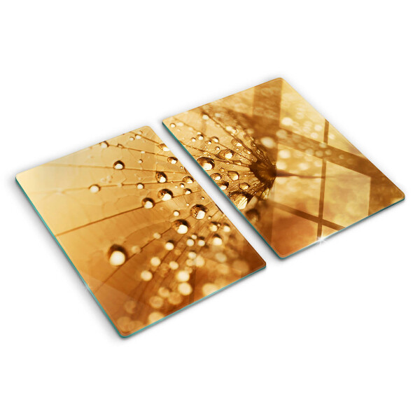 Glas schneidebrett Wassertropfen auf einem Löwenzahn