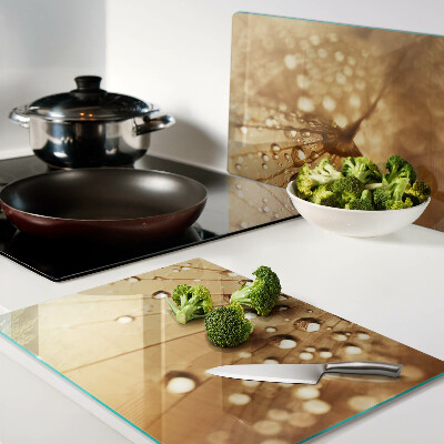 Glas schneidebrett Wassertropfen auf einem Löwenzahn