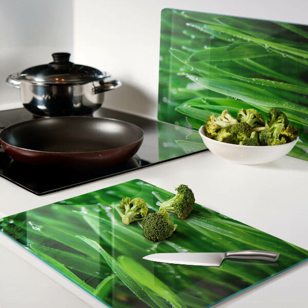 Schneidebrett Glas mit Grasmotiv und Wassertropfen-Design