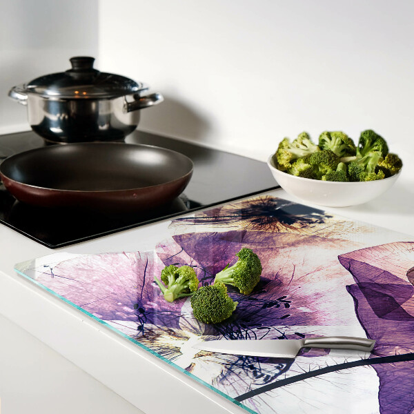 Schneidebrett Glas mit Blumenmotiv in lila und gelben Farbtönen