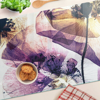 Schneidebrett glas Blumen in Lila- und Gelbtönen