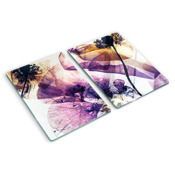 Schneidebrett glas Blumen in Lila- und Gelbtönen