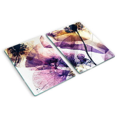 Schneidebrett Glas mit Blumenmotiv in lila und gelben Farbtönen
