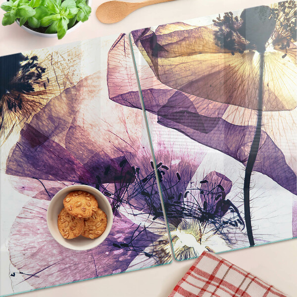 Schneidebrett glas Blumen in Lila- und Gelbtönen