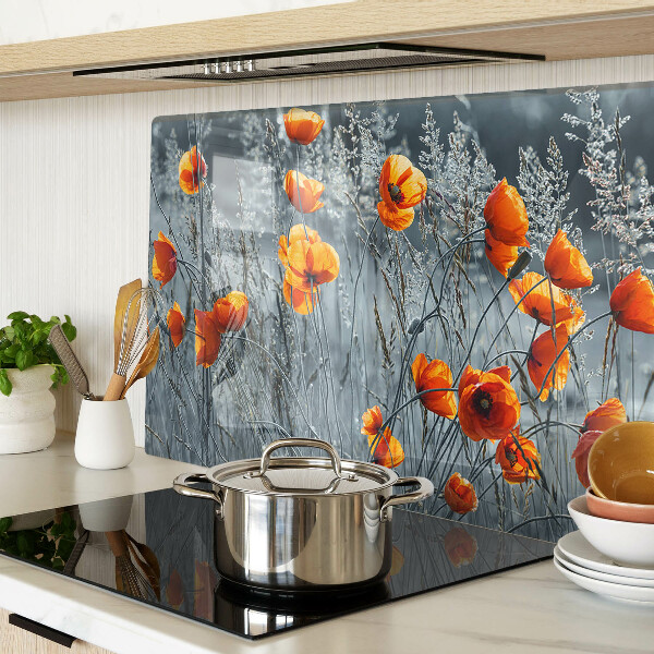 Schneidebrett Glas mit Motiv einer Mohnblumenlandschaft in Grautönen