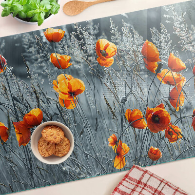 Schneidebrett Glas mit Motiv einer Mohnblumenlandschaft in Grautönen