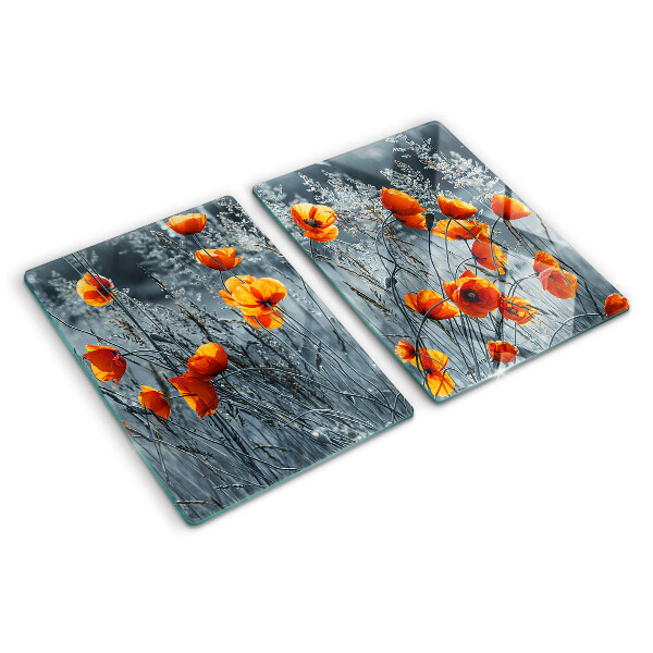 Schneidebrett Glas mit Motiv einer Mohnblumenlandschaft in Grautönen