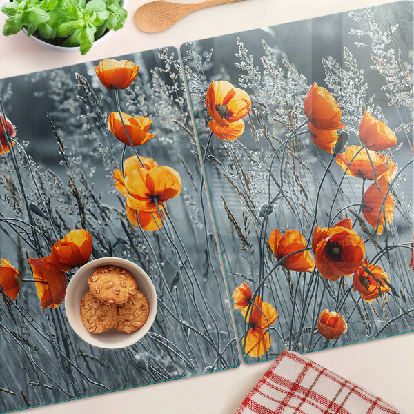 Schneidebrett Glas mit Motiv einer Mohnblumenlandschaft in Grautönen