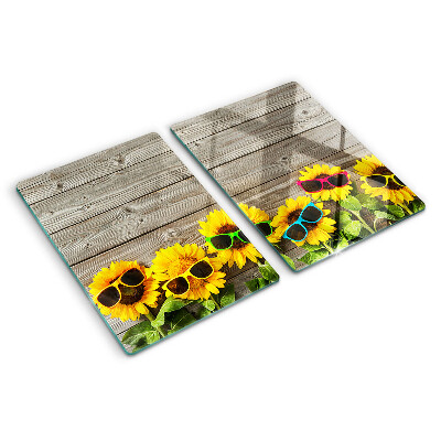 Glas-Schneidebrett mit Sonnenblumenmotiv und Sonnenbrillen-Design