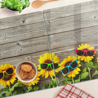 Glas-Schneidebrett mit Sonnenblumenmotiv und Sonnenbrillen-Design