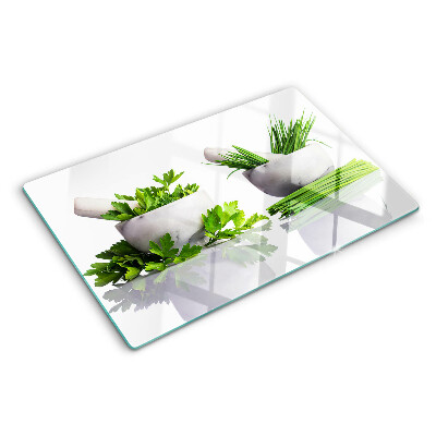 Schneidebrett glas Kräuter in Töpfen