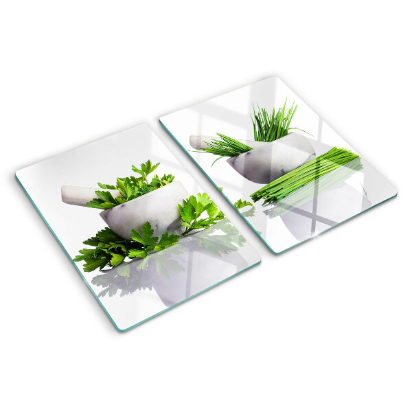 Schneidebrett glas Kräuter in Töpfen