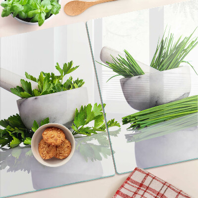 Schneidebrett glas Kräuter in Töpfen