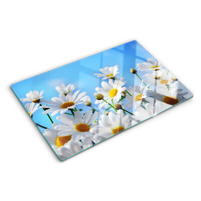 Schneidebrett Glas mit Gänseblümchen-Motiv auf blauem Hintergrund