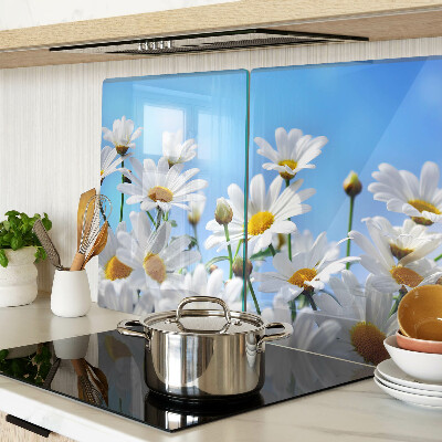 Schneidebrett Glas mit Gänseblümchen-Motiv auf blauem Hintergrund