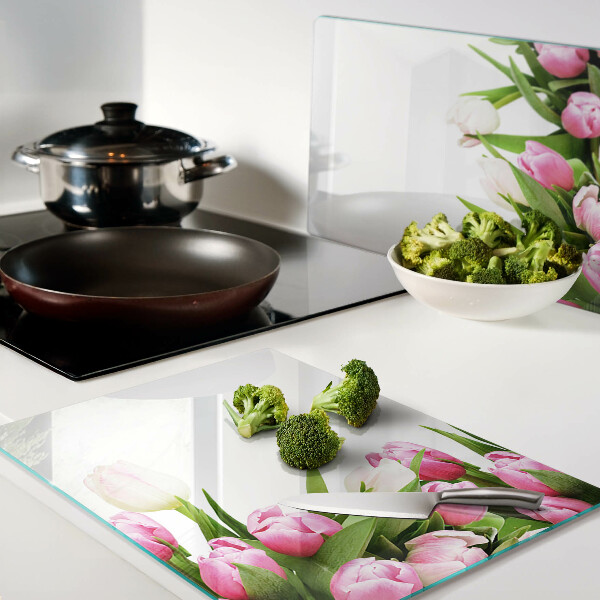 Glas-Schneidebrett mit Tulpenmotiv in Pastellfarben
