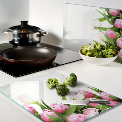 Glas-Schneidebrett mit Tulpenmotiv in Pastellfarben