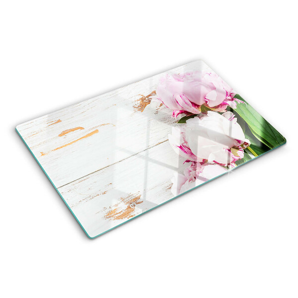 Glas schneidebrett Pfingstrosen auf Holzgrund