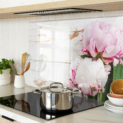 Glas-Schneidebrett mit Pfingstrosen auf Holzoptik