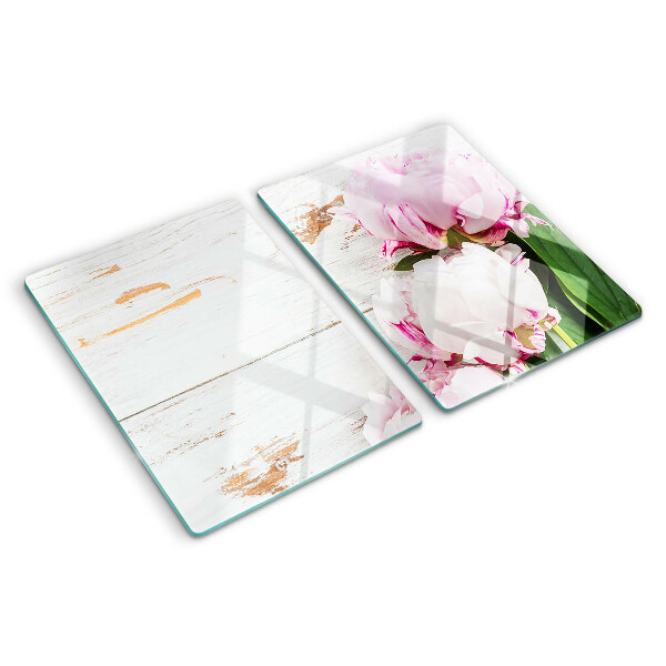 Glas-Schneidebrett mit Pfingstrosen auf Holzoptik