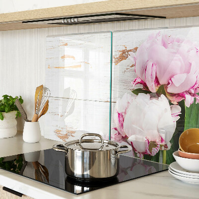 Glas-Schneidebrett mit Pfingstrosen auf Holzoptik