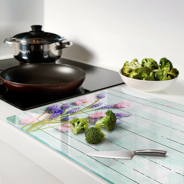 Schneidebrett Glas mit Blumenmotiv auf Holzoptik