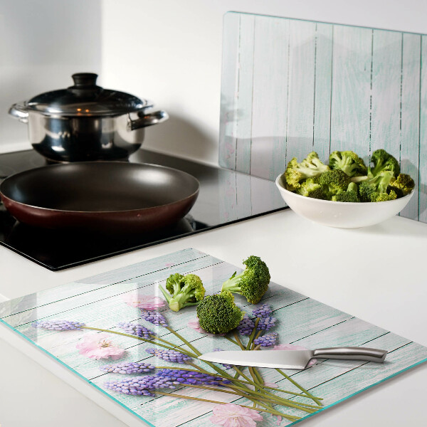 Schneidebrett Glas mit Blumenmotiv auf Holzoptik