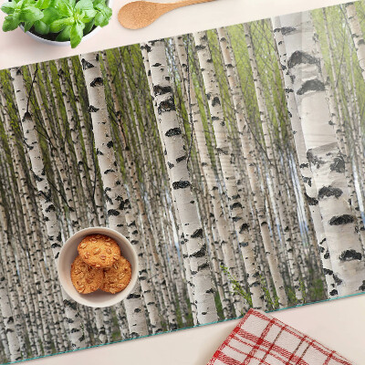 Glas-Schneidebrett mit Motiv weiße Birken im Wald