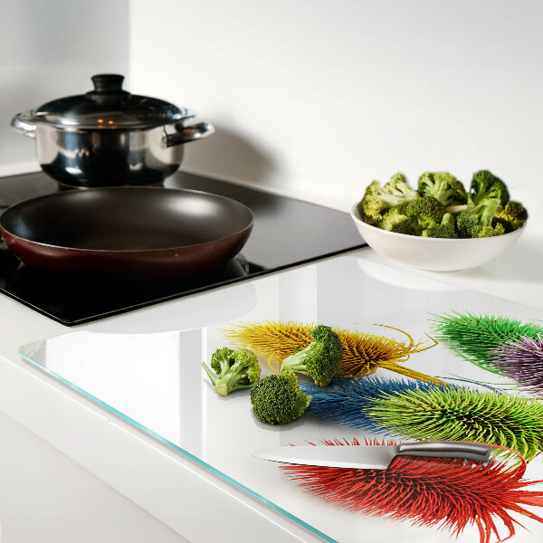 Glas-Schneidebrett mit farbenfrohen, dreidimensionalen Blumen